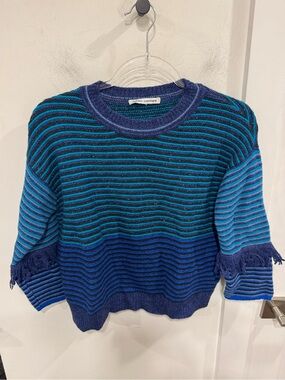 Autumn Cashmere Striped Crewneck Sweater in Navy and Teal
